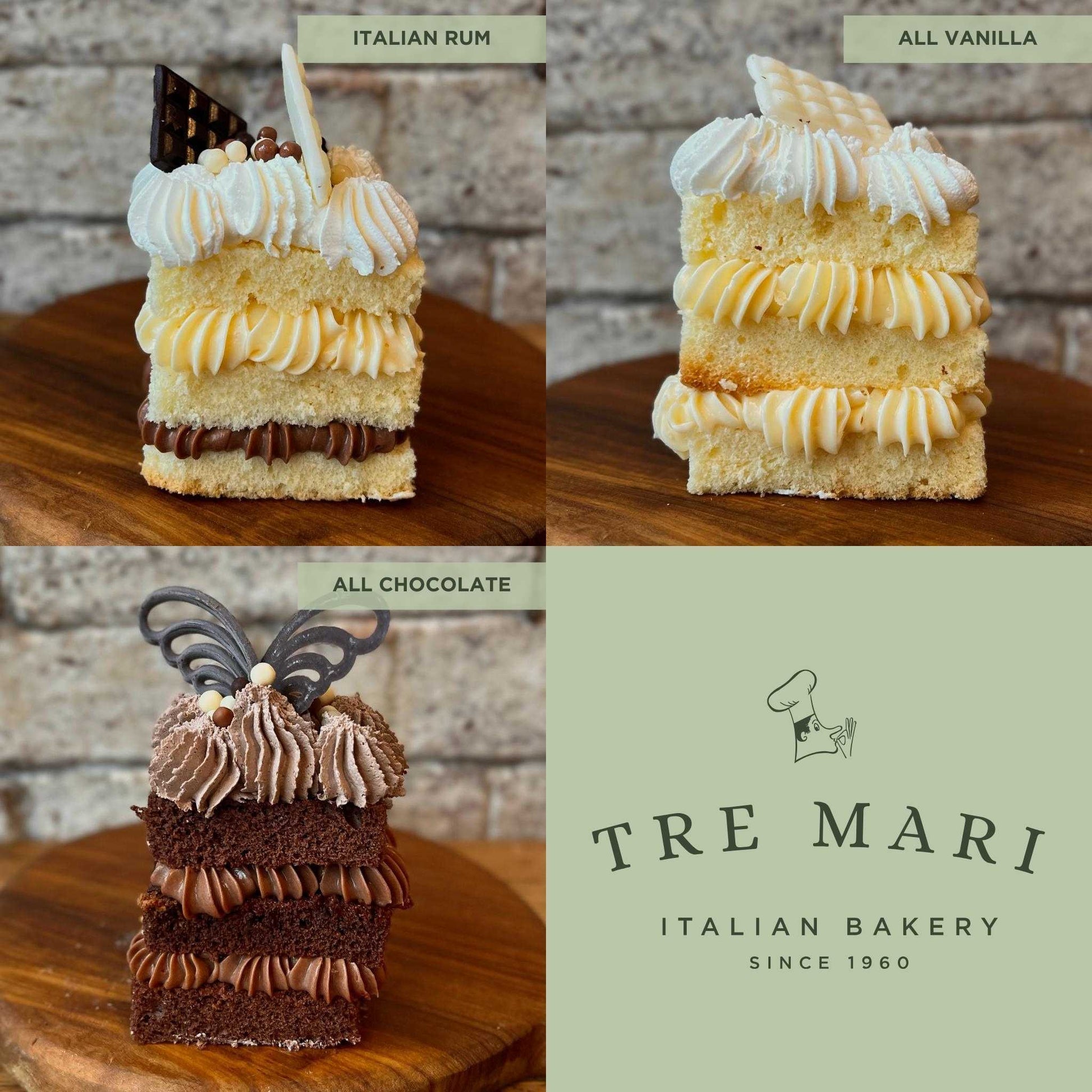 Side view of 3 flavours of cake