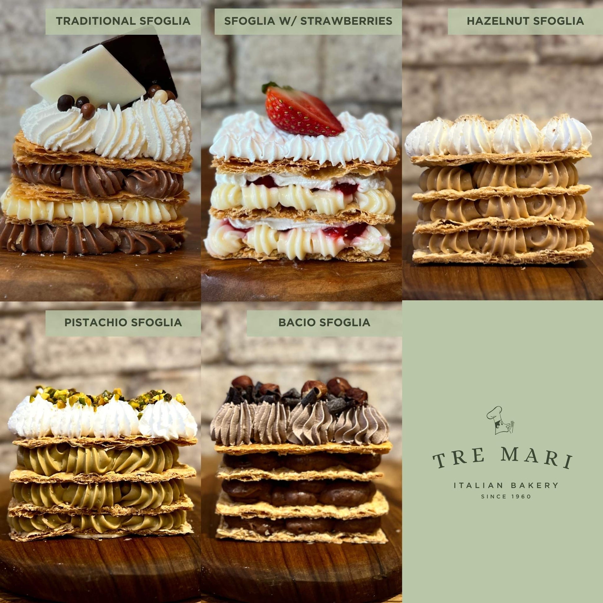 Side view of 5 flavours of sfoglia cake